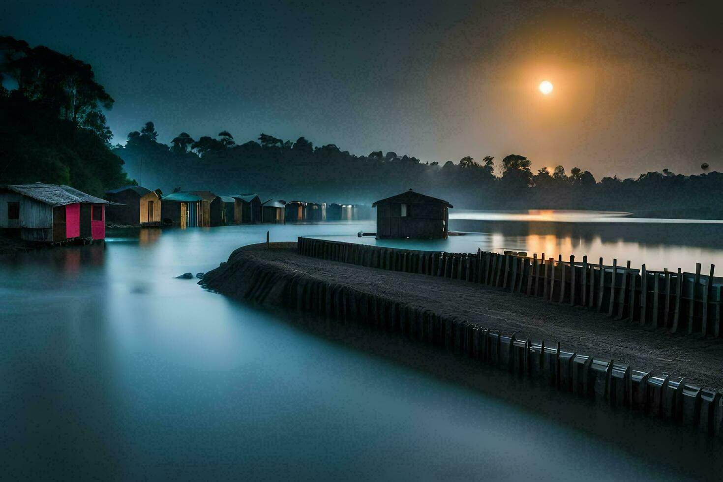 un' pieno Luna sorge al di sopra di un' lago con case su esso. ai-generato foto