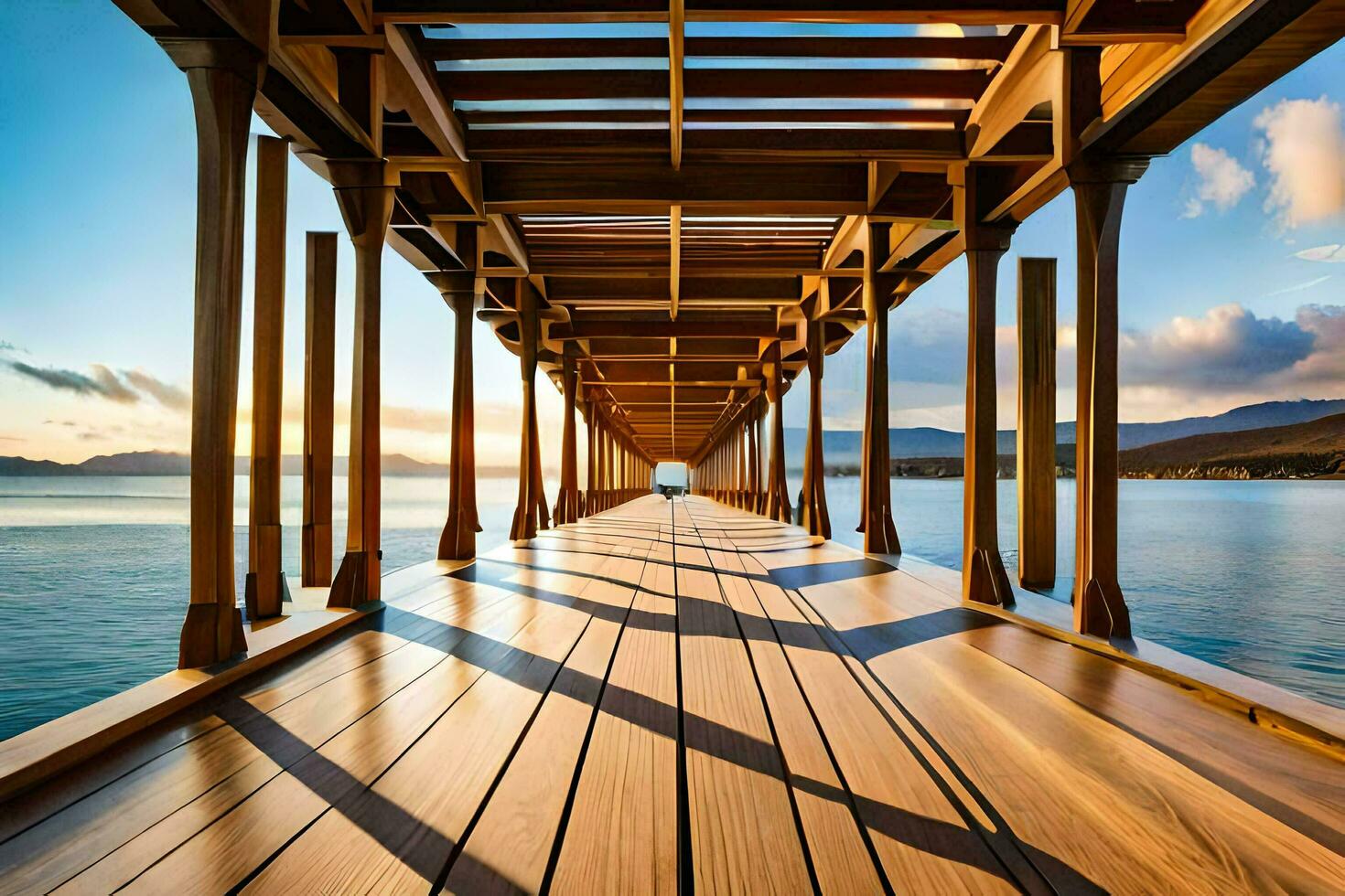 un' di legno ponte al di sopra di acqua con un' tramonto. ai-generato foto