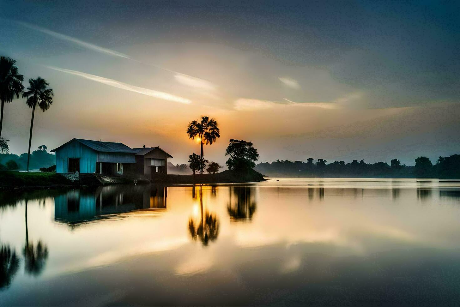 un' Casa su il acqua con palma alberi nel il sfondo. ai-generato foto