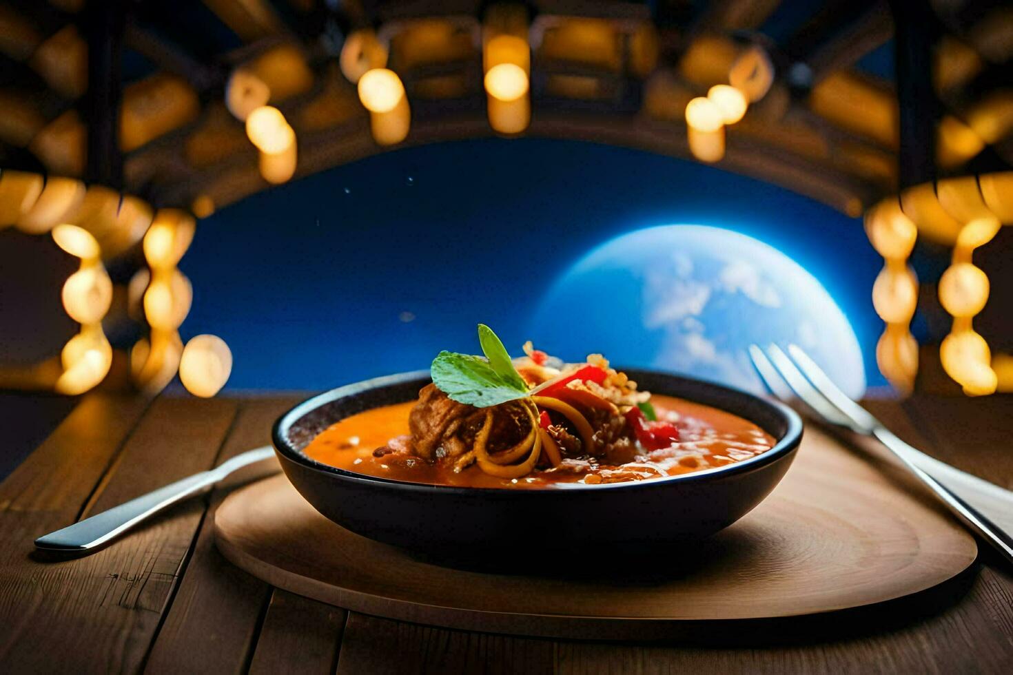 un' ciotola di pasta con carne e pomodoro salsa su un' di legno tavolo con un' Luna nel il sfondo. ai-generato foto