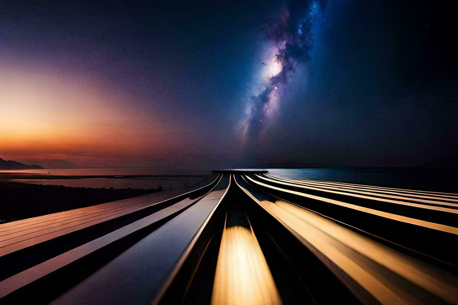 un' treno andando attraverso il notte cielo con il latteo modo nel il sfondo. ai-generato foto