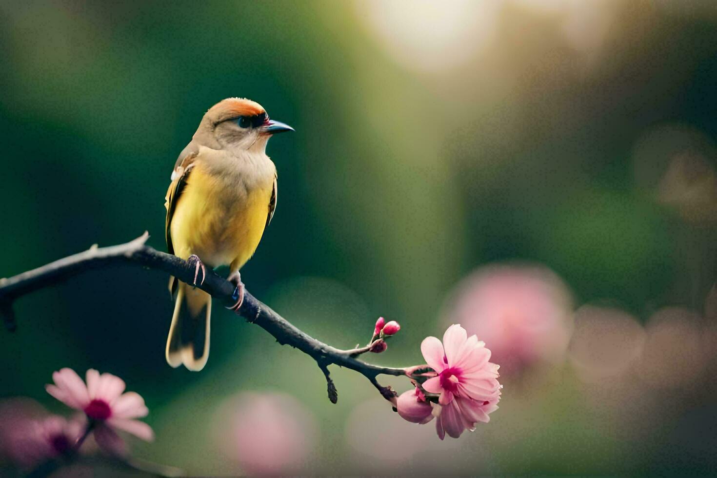 un' uccello si siede su un' ramo con rosa fiori. ai-generato foto