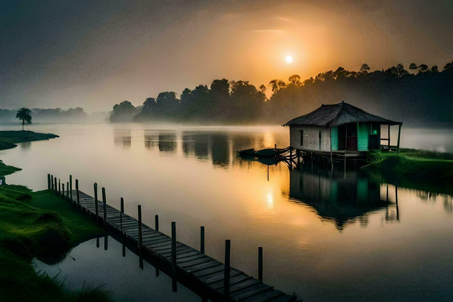 un' piccolo Casa si siede su il bordo di un' lago a Alba. ai-generato foto