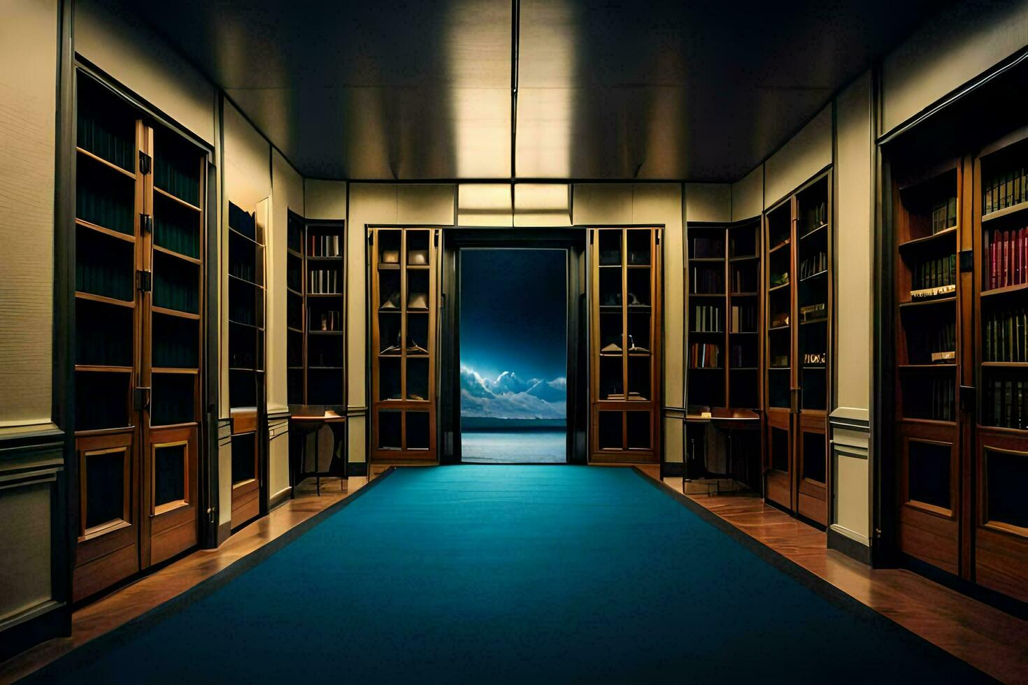 un' lungo corridoio con libreria e un' blu tappeto. ai-generato foto