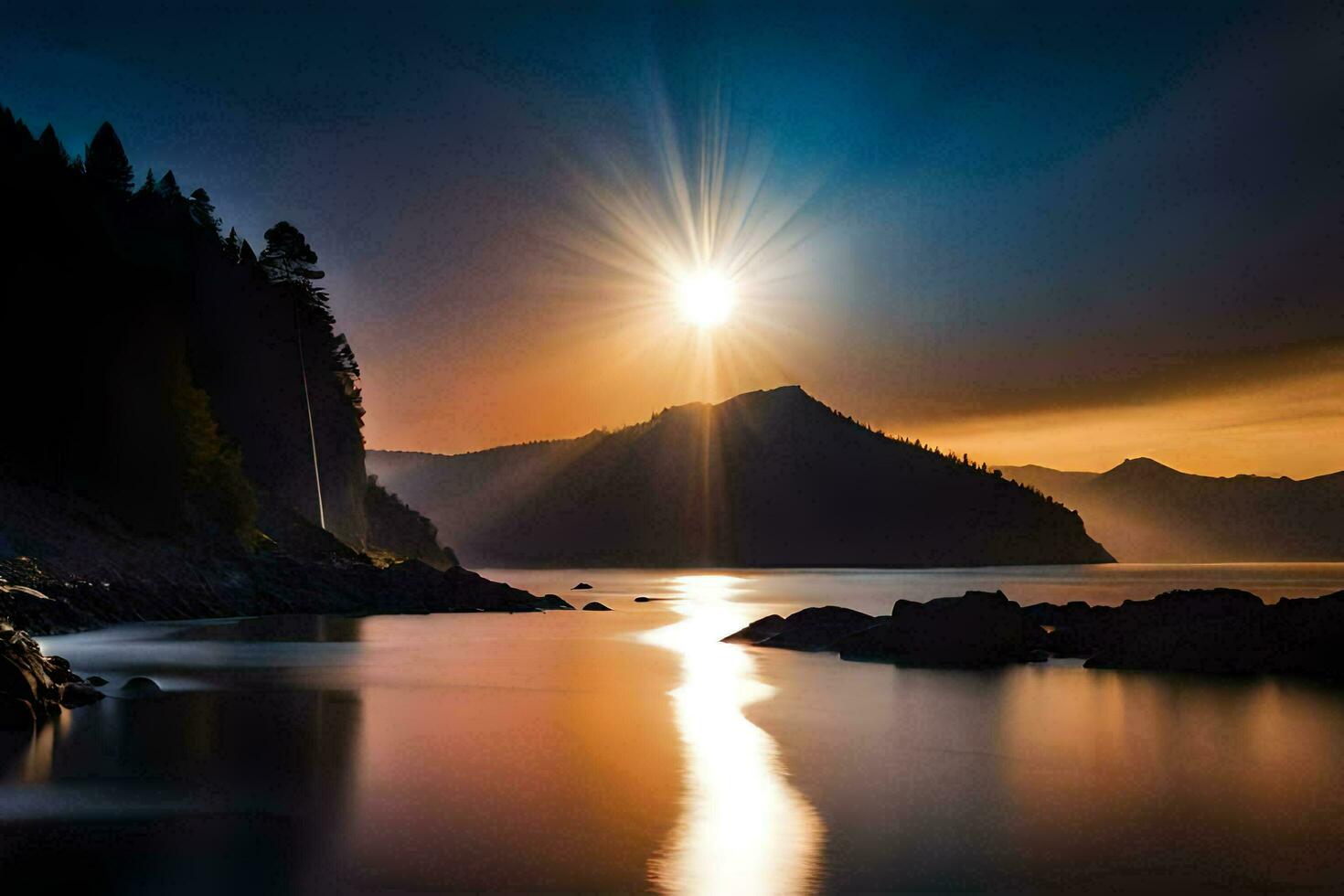 il sole brilla al di sopra di un' montagna e un' lago. ai-generato foto