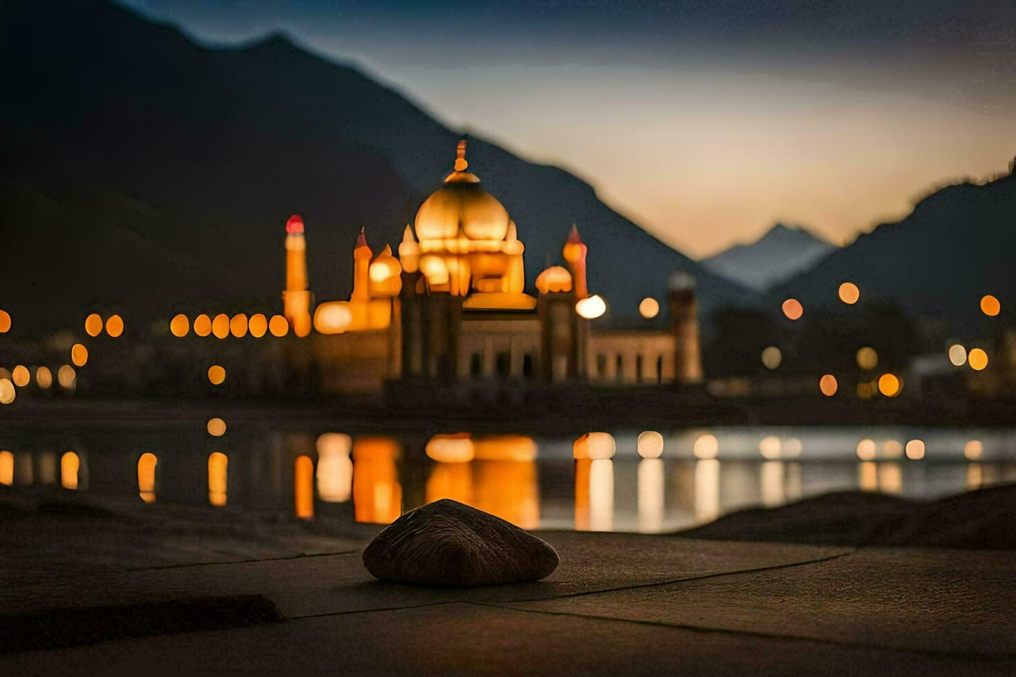 un' moschea nel il sera con un' roccia nel davanti di esso. ai-generato foto