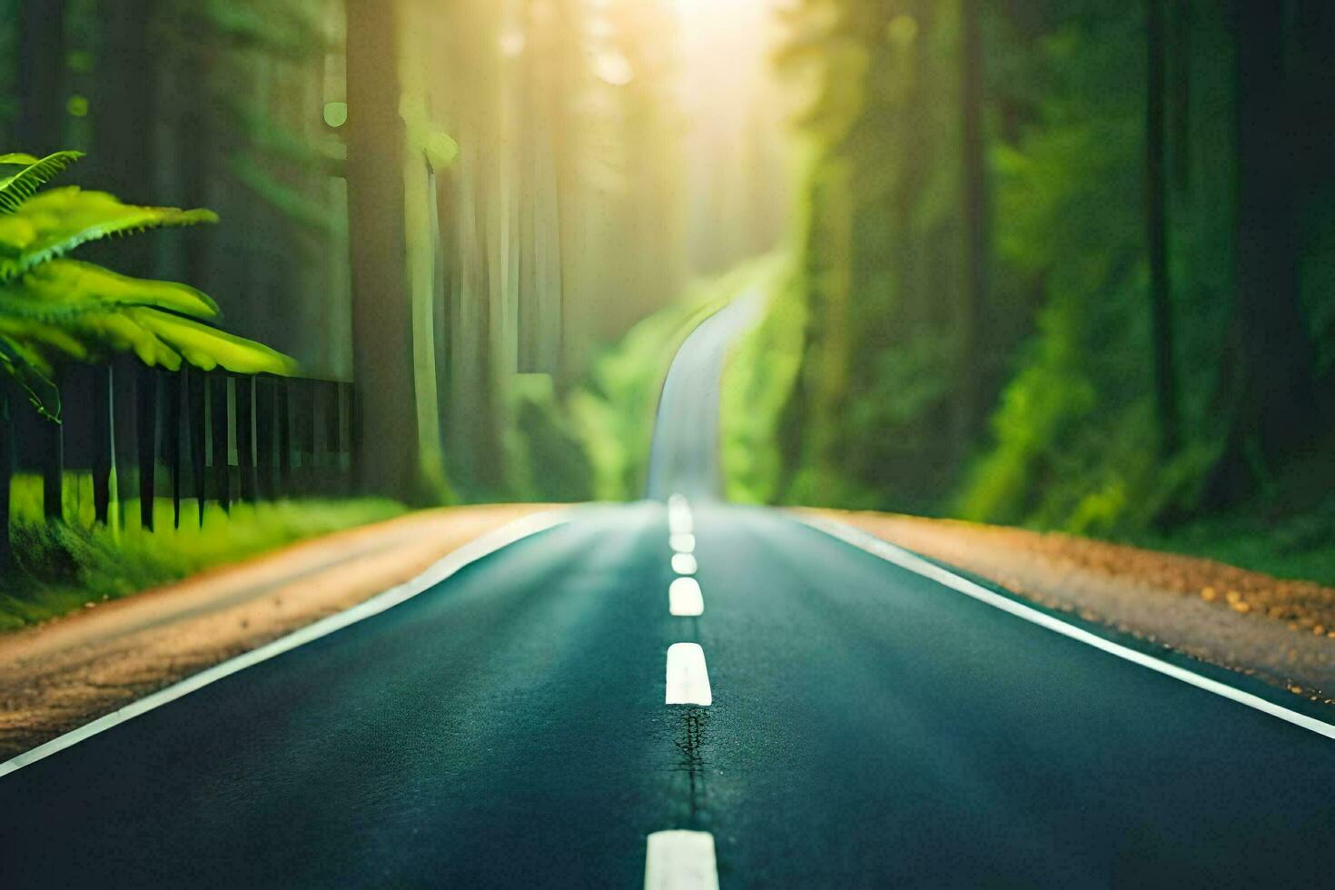 un' strada nel il foresta con alberi e sole. ai-generato foto