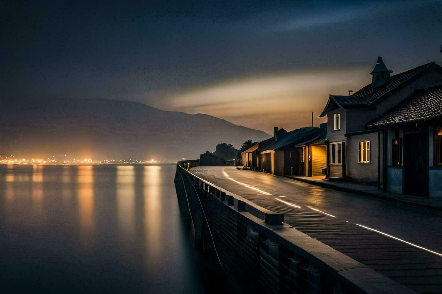 un' lungo esposizione fotografia di un' strada a notte. ai-generato foto