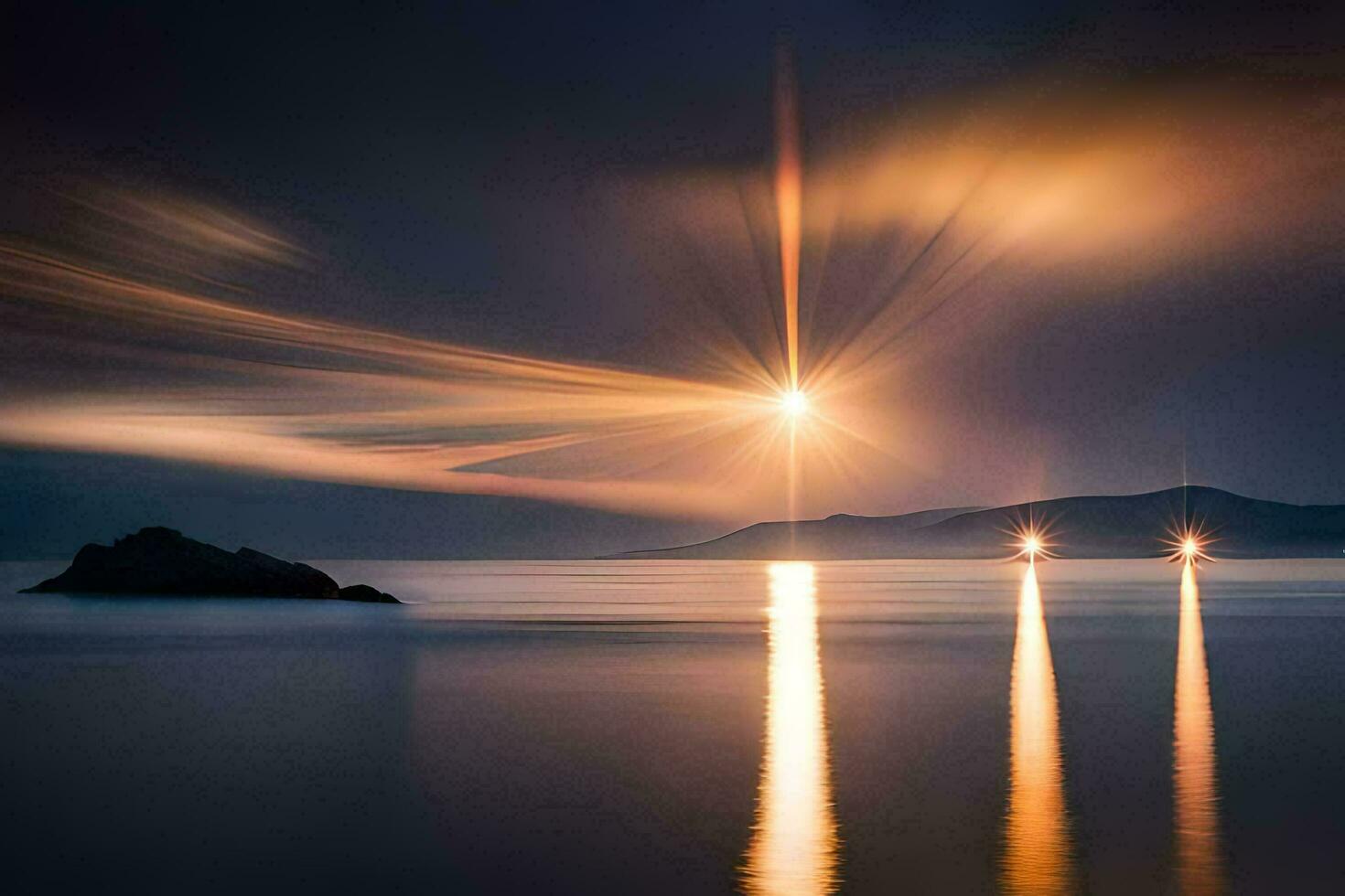 il sole brilla al di sopra di il acqua e Due Barche. ai-generato foto