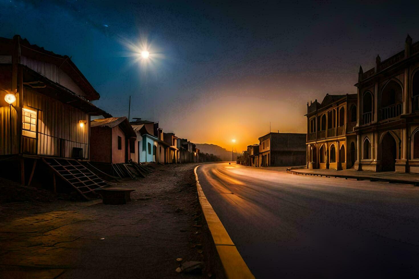 un' strada a notte con edifici e un' Luna. ai-generato foto