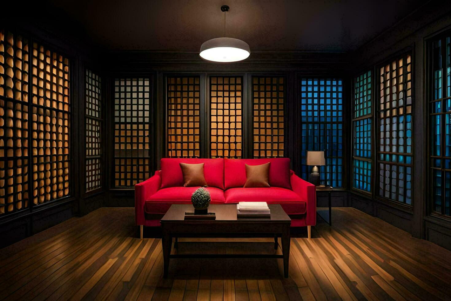 un' rosso divano si siede nel davanti di un' finestra con di legno piani. ai-generato foto