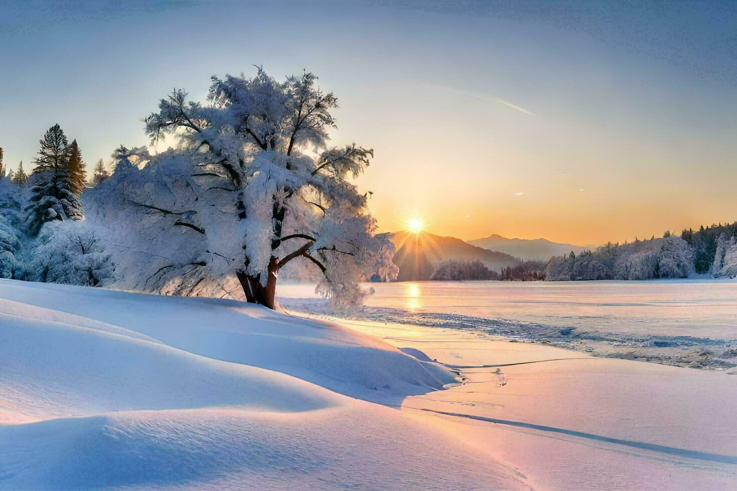 un' albero nel il neve con il sole ambientazione dietro a esso. ai-generato foto