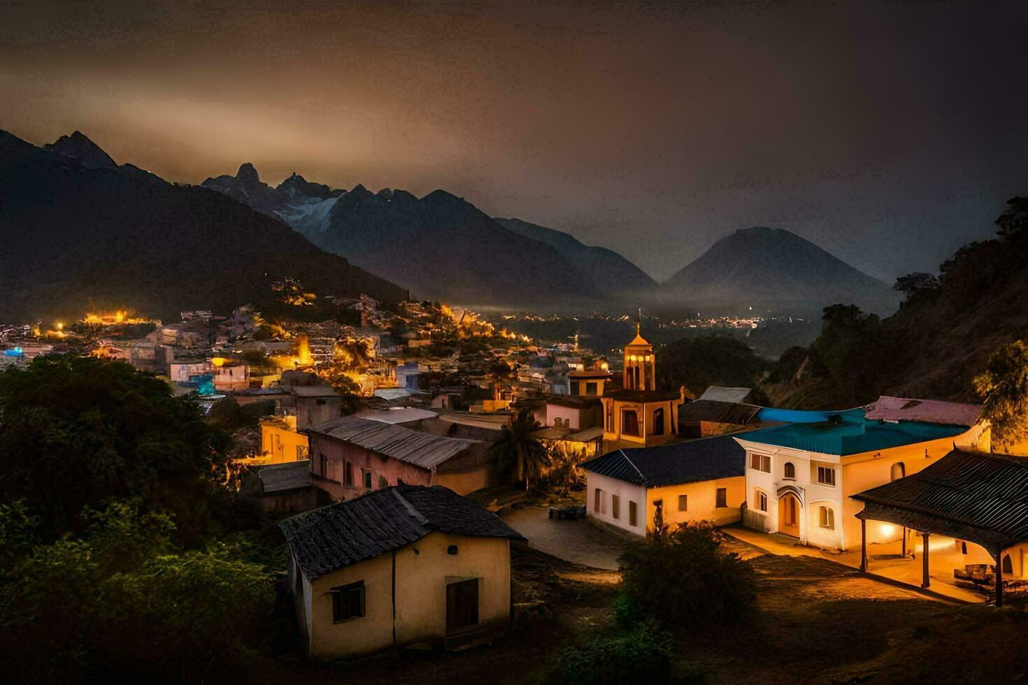 un' cittadina illuminato su a notte nel il montagne. ai-generato foto