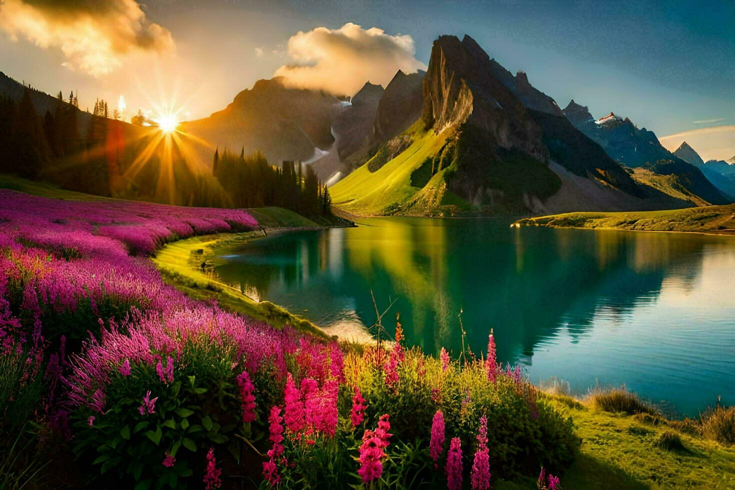 il sole sorge al di sopra di il montagne e il fiori fioritura nel il primo piano. ai-generato foto