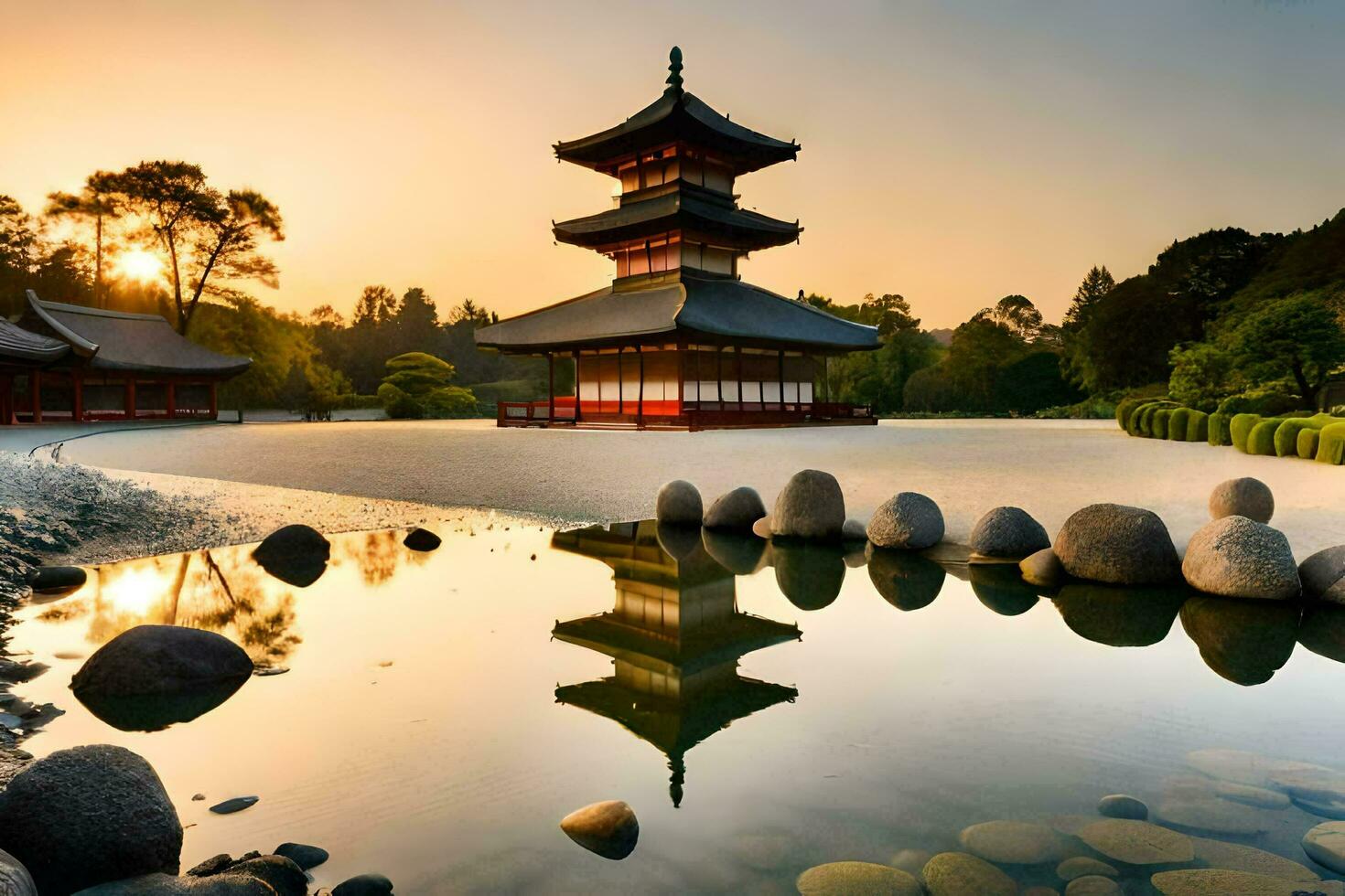 un' giapponese pagoda nel il sole con rocce e acqua. ai-generato foto