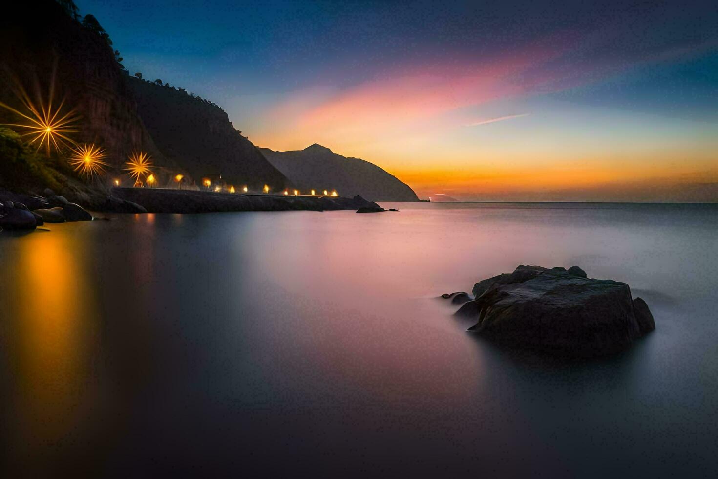 il sole imposta al di sopra di il oceano e rocce. ai-generato foto