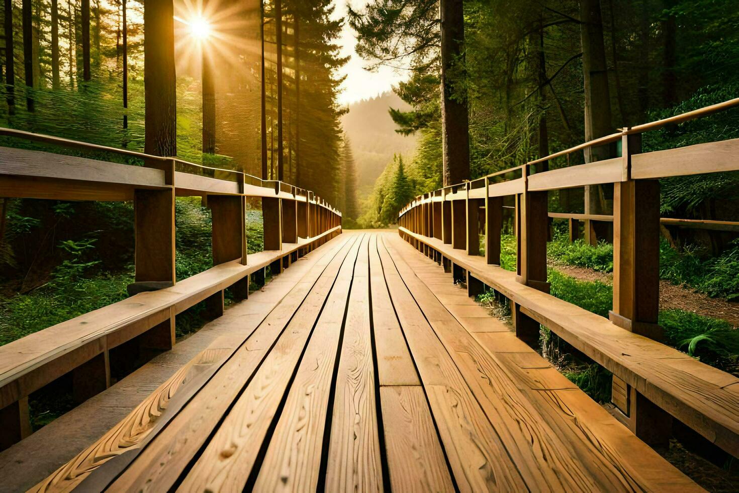 di legno ponte nel il foresta a tramonto. ai-generato foto