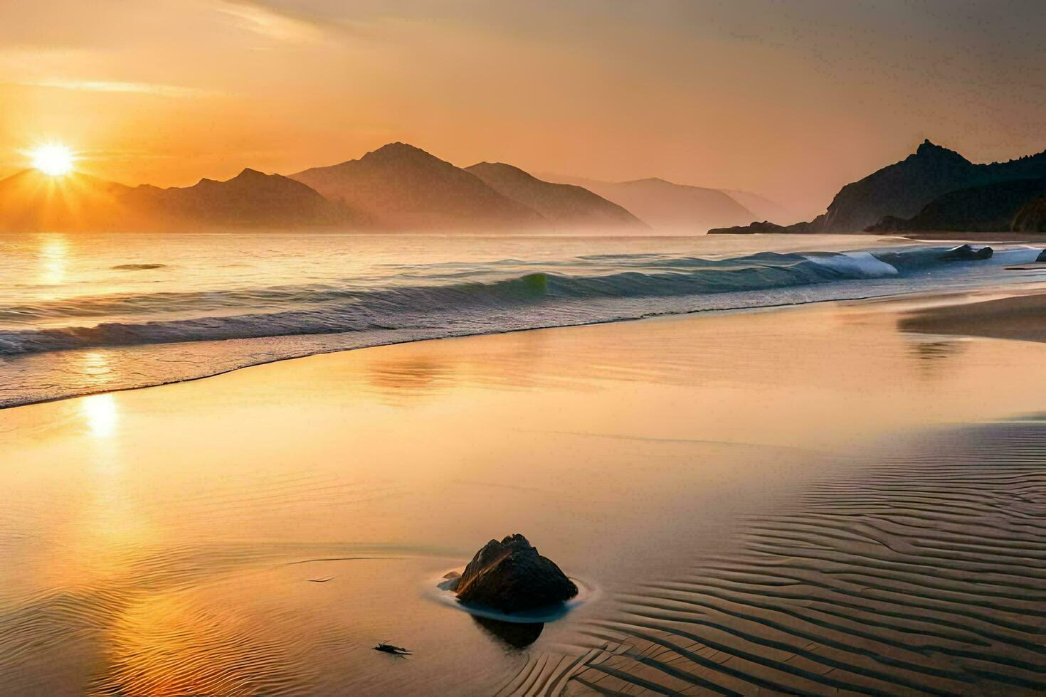 il sole imposta al di sopra di il oceano e montagne. ai-generato foto