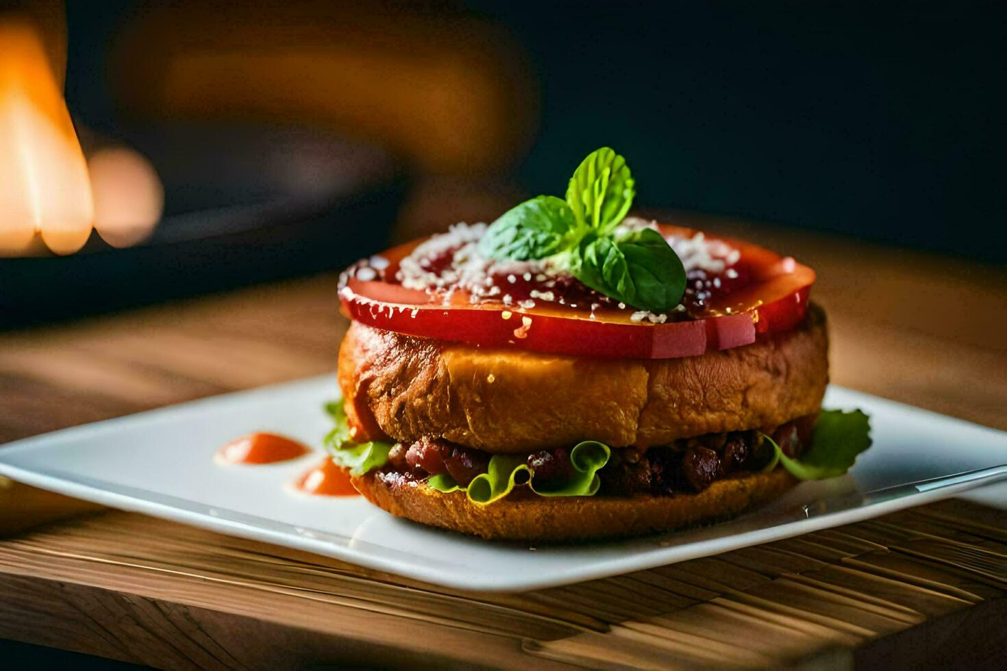 un' Hamburger con pomodoro e lattuga su un' piatto. ai-generato foto