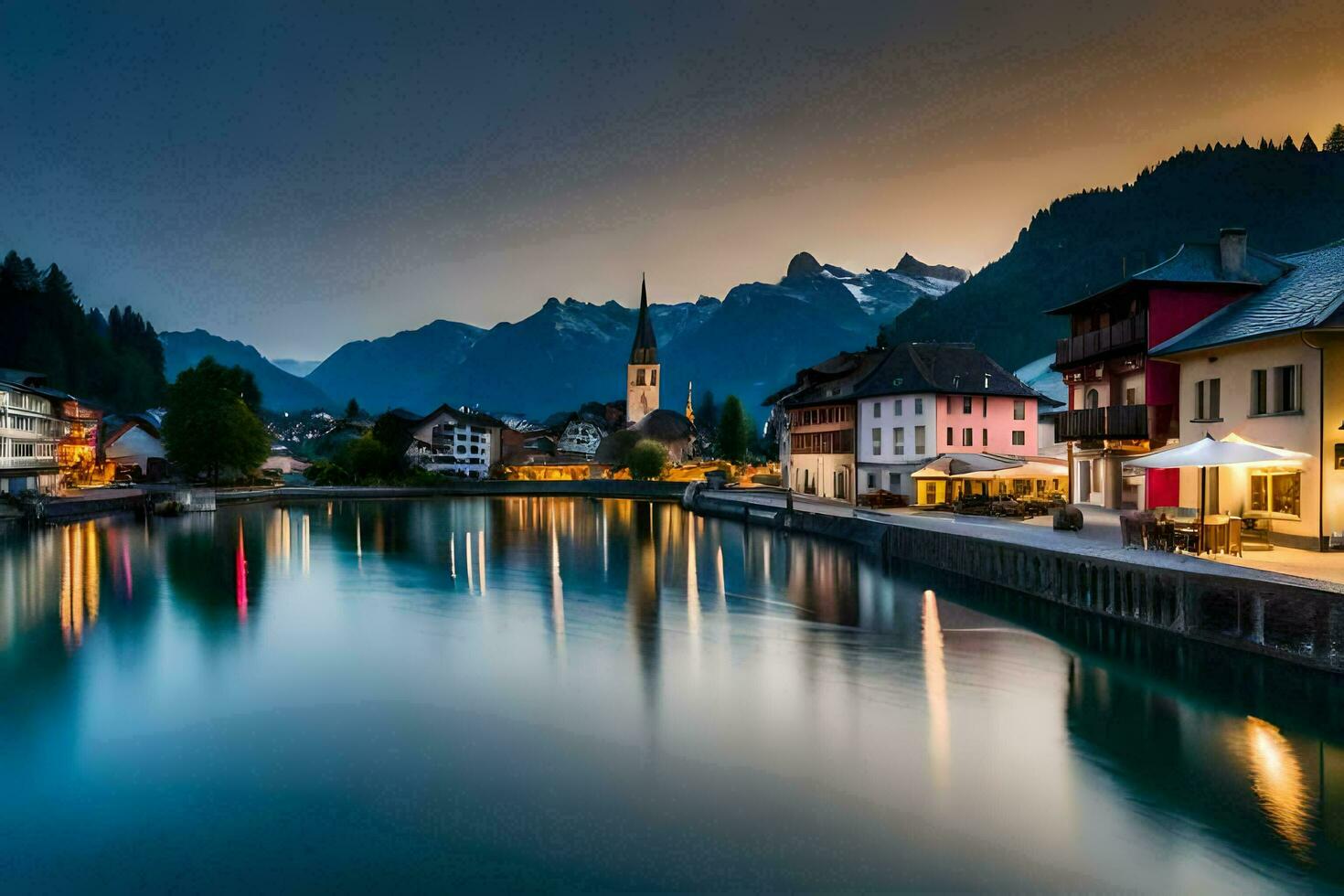 un' fiume corre attraverso un' cittadina a crepuscolo con montagne nel il sfondo. ai-generato foto