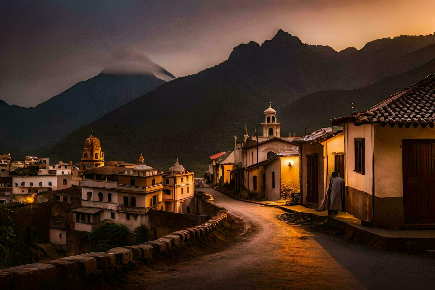 foto sfondo il cielo, montagne, strada, villaggio, tramonto, il cielo, montagne, strada. ai-generato