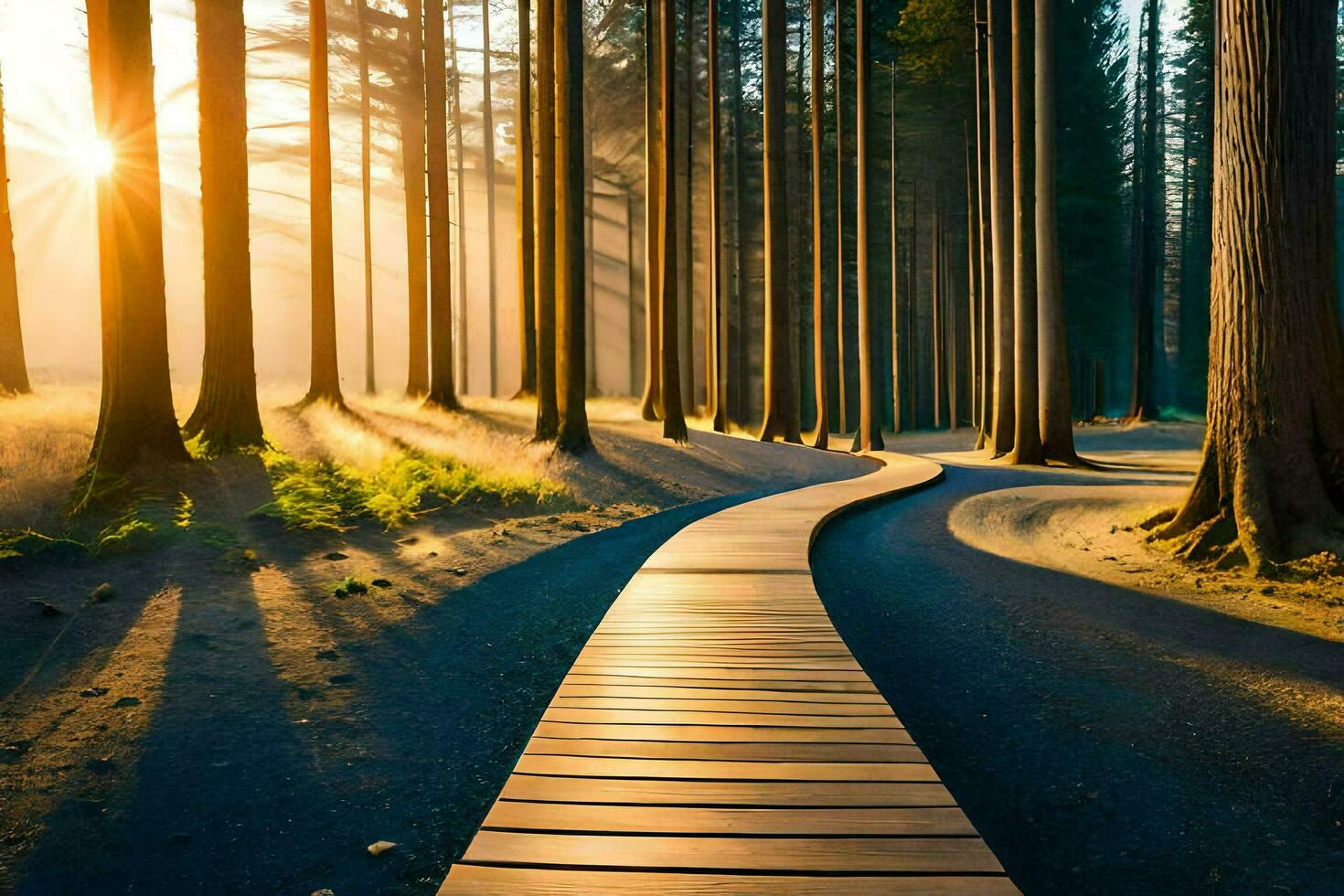 un' di legno sentiero conduce attraverso il foresta a Alba. ai-generato foto