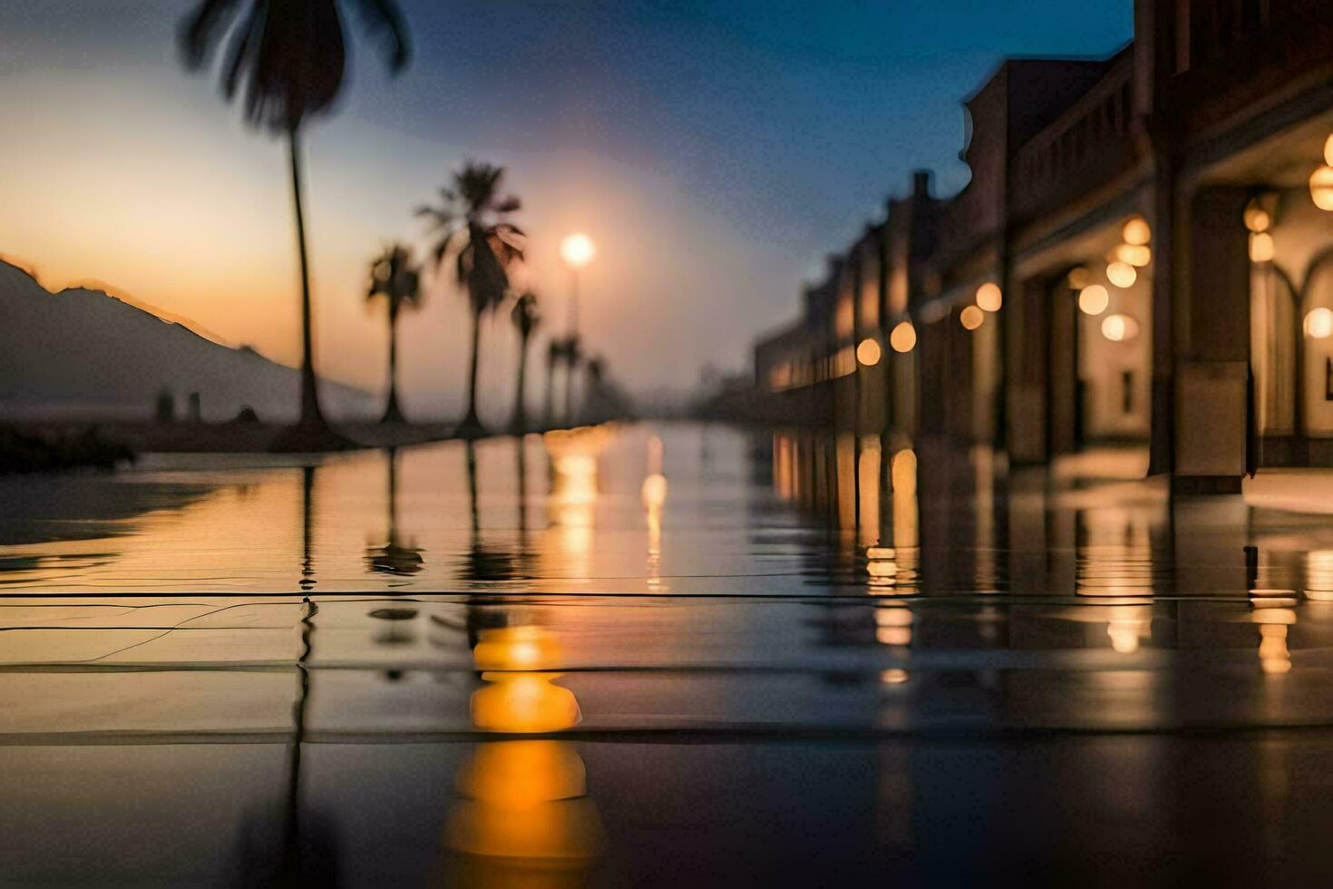 un' lungo esposizione fotografia di un' strada a tramonto. ai-generato foto