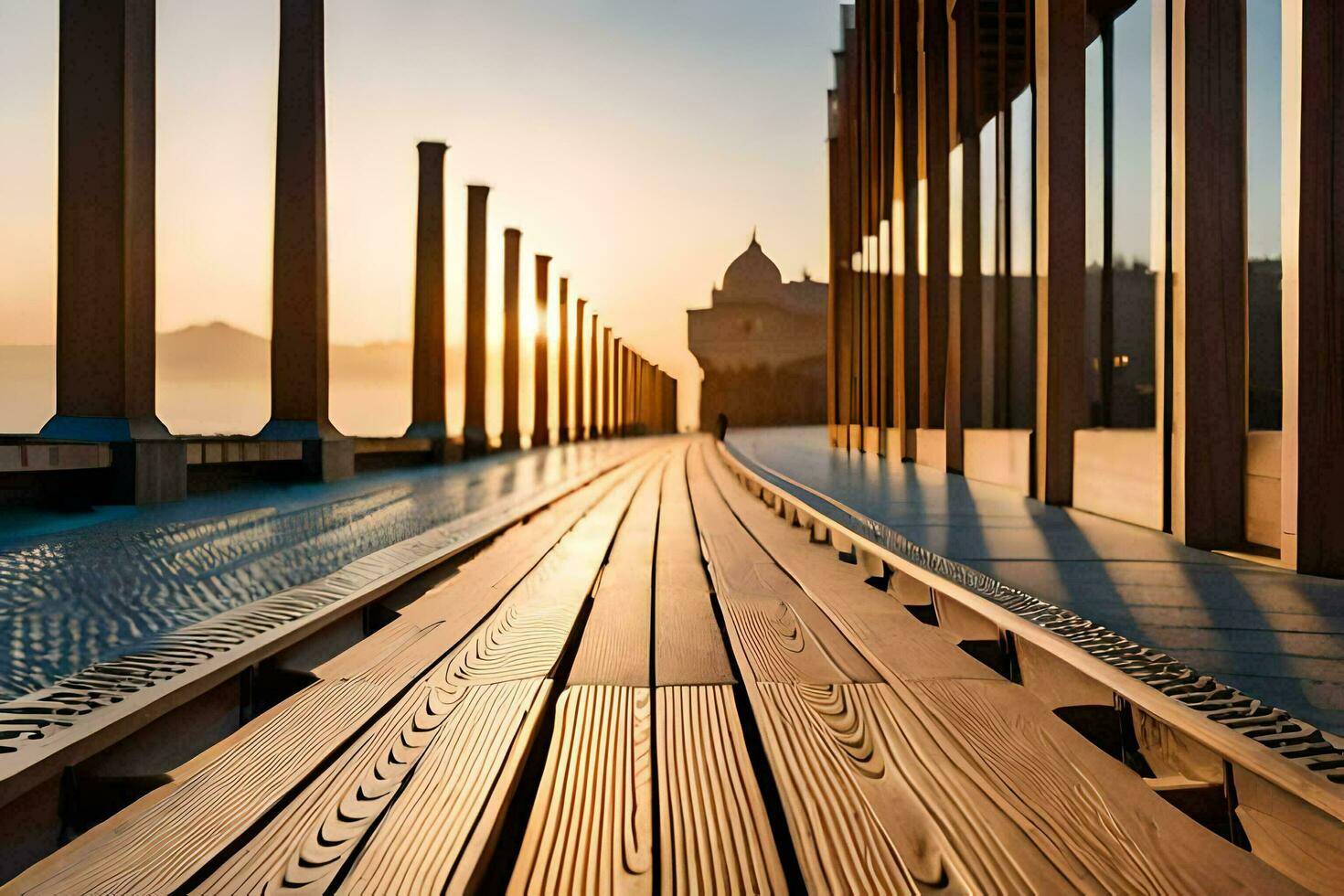 un' lungo di legno passerella con il sole ambientazione dietro a esso. ai-generato foto