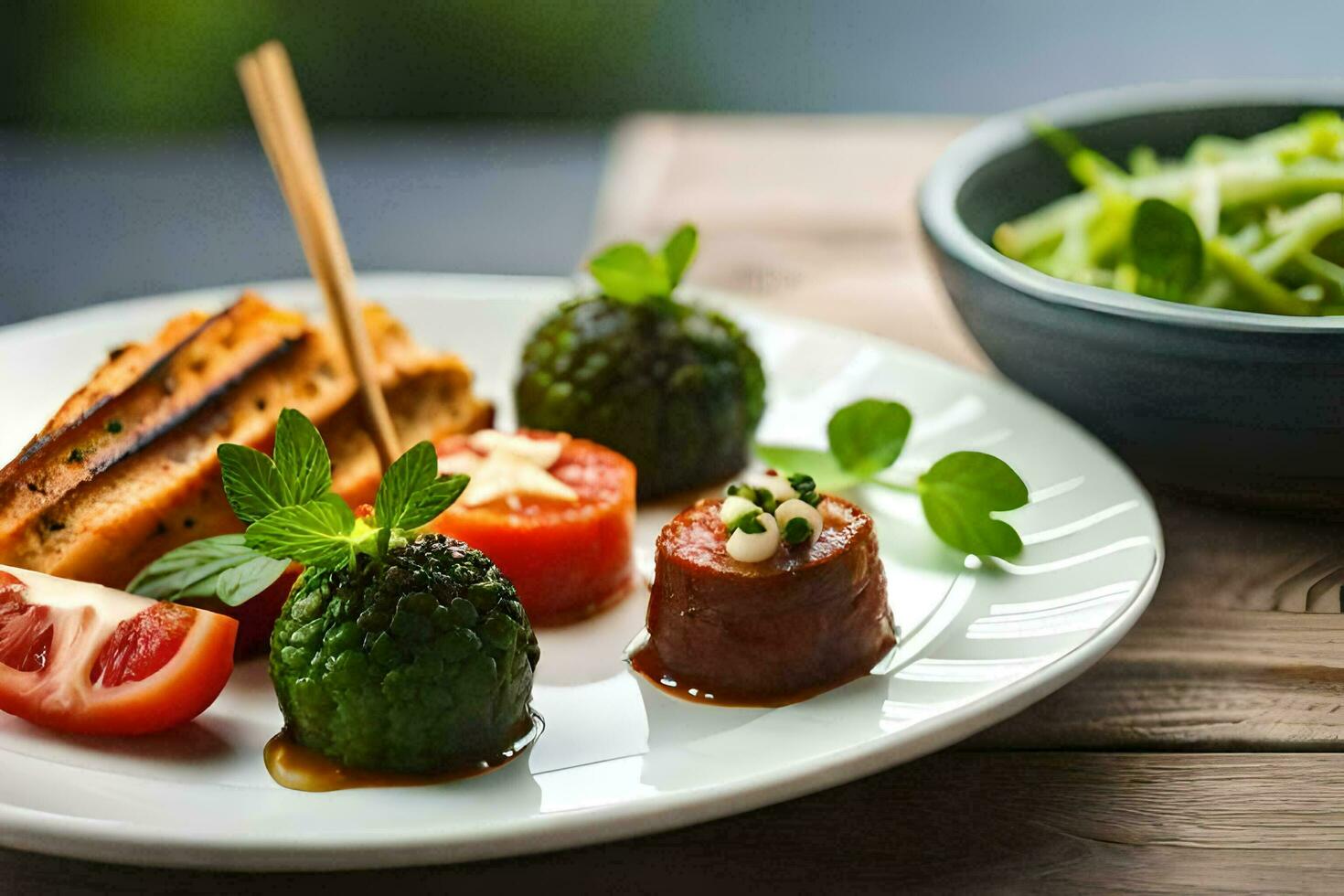 un' piatto con carne, verdure e un' forchetta. ai-generato foto