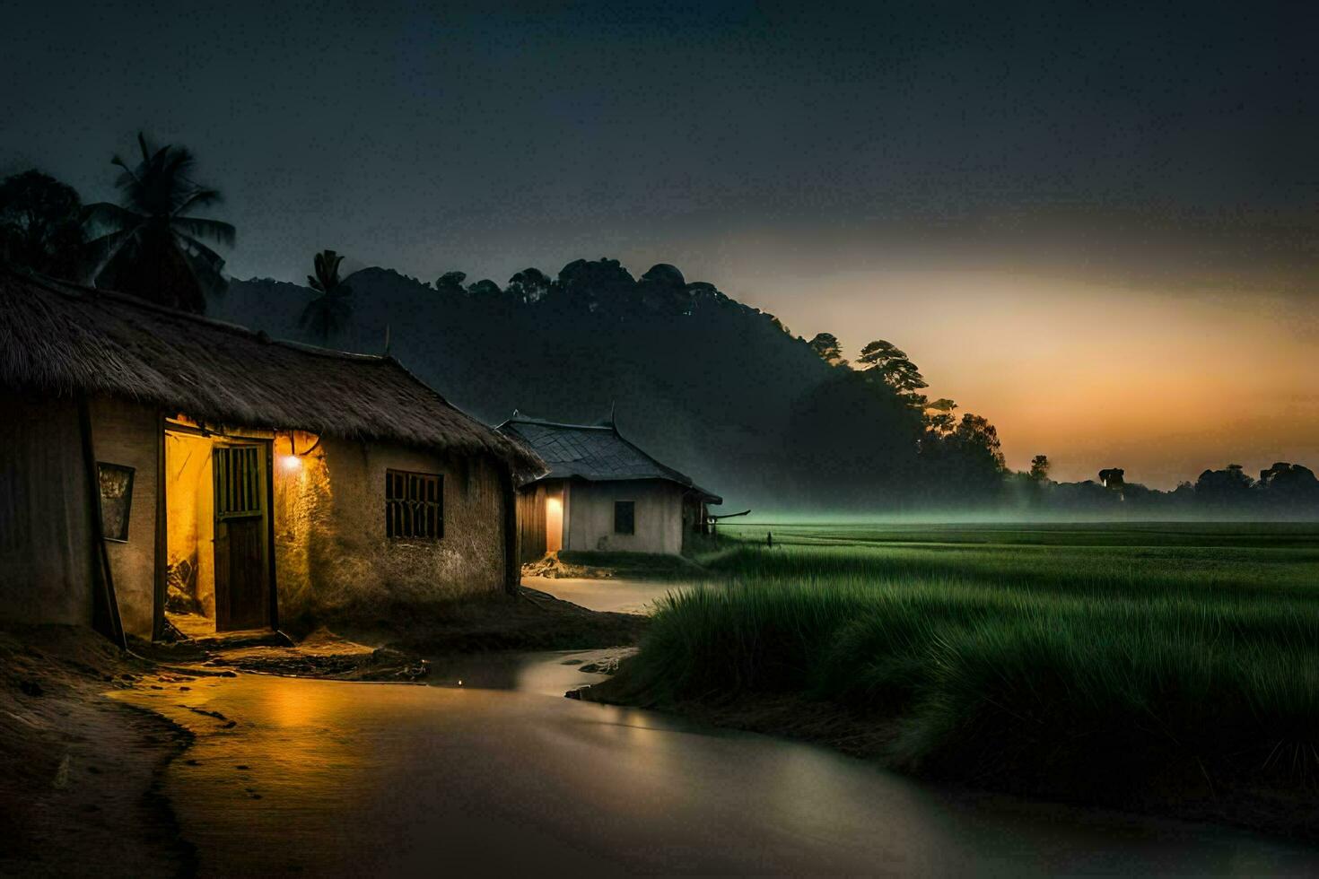 un' piccolo capanna nel il mezzo di un' riso campo a crepuscolo. ai-generato foto