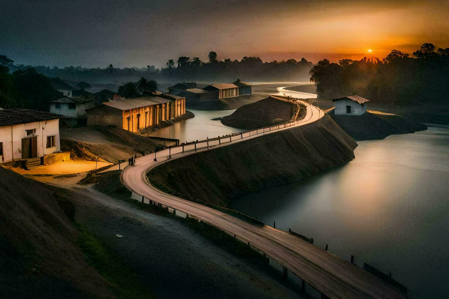 un' lungo esposizione fotografia di un' fiume e case a tramonto. ai-generato foto