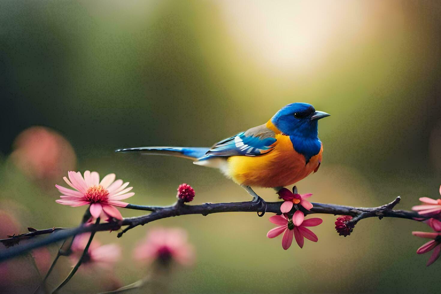 un' blu e arancia uccello si siede su un' ramo con rosa fiori. ai-generato foto