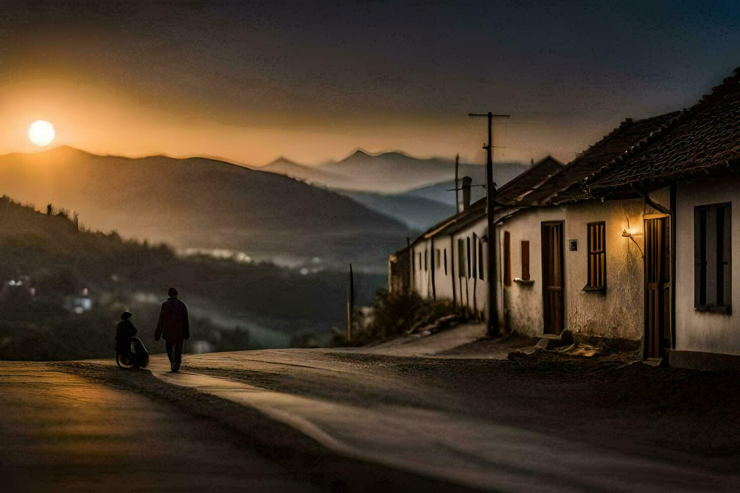 un' uomo e il suo cane camminare giù un' strada a tramonto. ai-generato foto