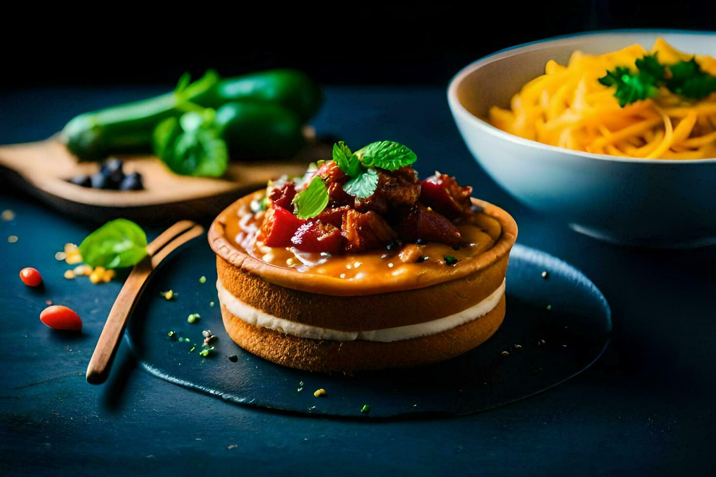 un' torta con formaggio e verdure su esso. ai-generato foto