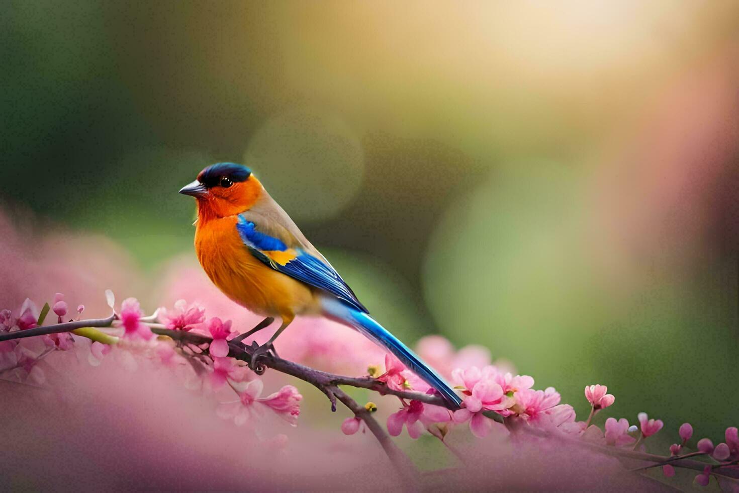 un' colorato uccello si siede su un' ramo di rosa fiori. ai-generato foto