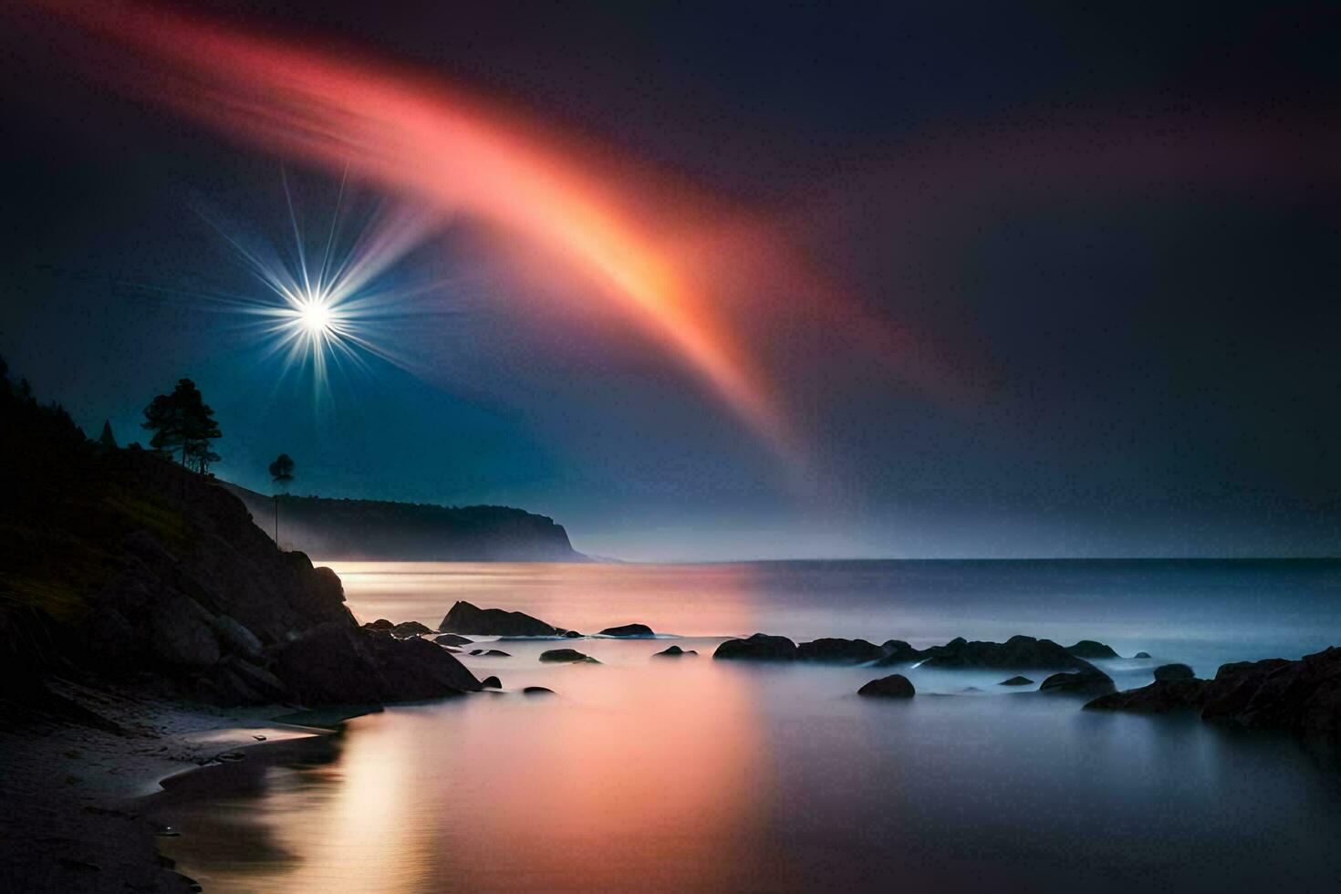 un' arcobaleno al di sopra di il oceano e rocce. ai-generato foto