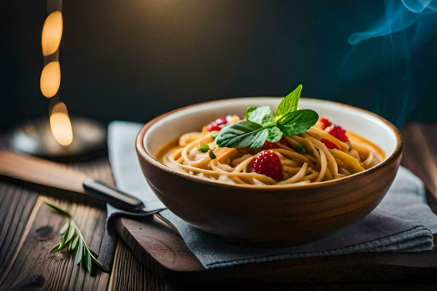 spaghetti con fresco basilico e lamponi nel un' ciotola. ai-generato foto