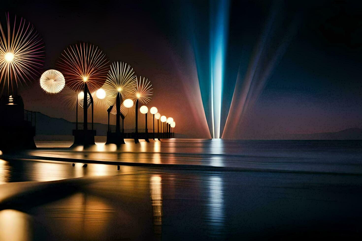 un' lungo linea di luci su il spiaggia a notte. ai-generato foto