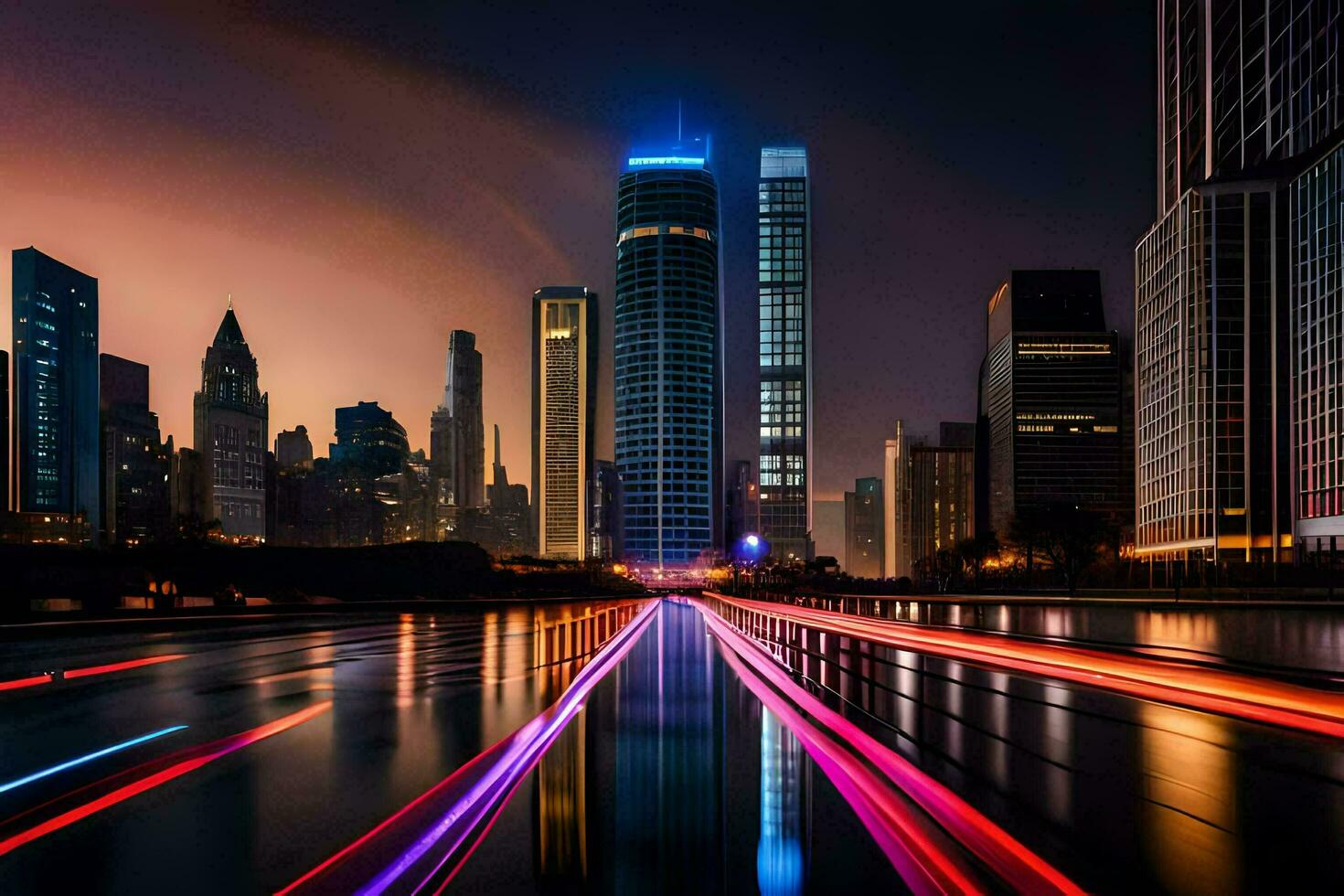 un' città a notte con luci su il strada. ai-generato foto