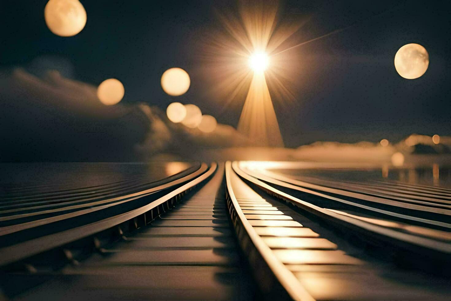 un' treno traccia con luci splendente su esso. ai-generato foto