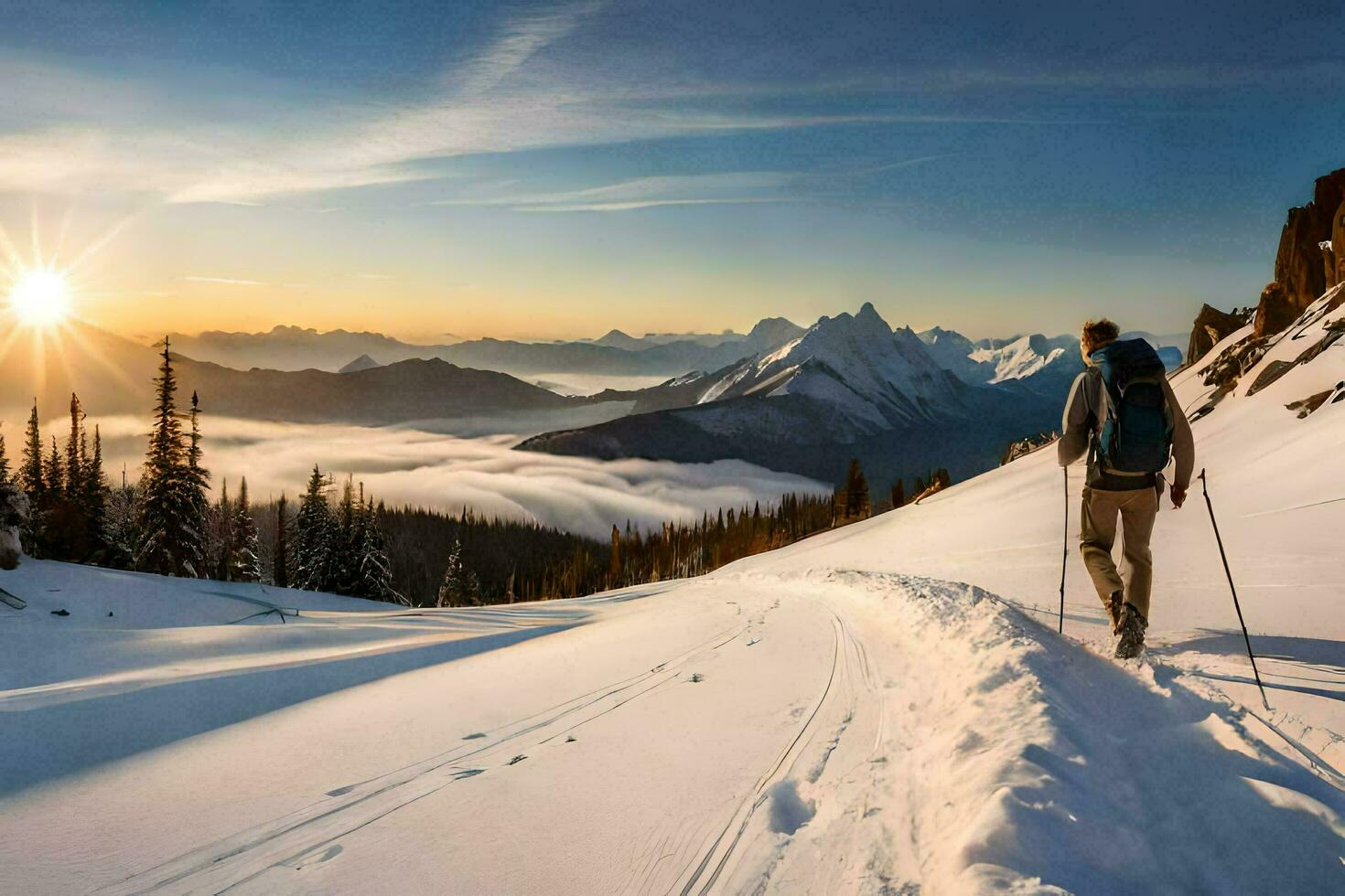 un' uomo escursioni a piedi nel il neve con sci. ai-generato foto