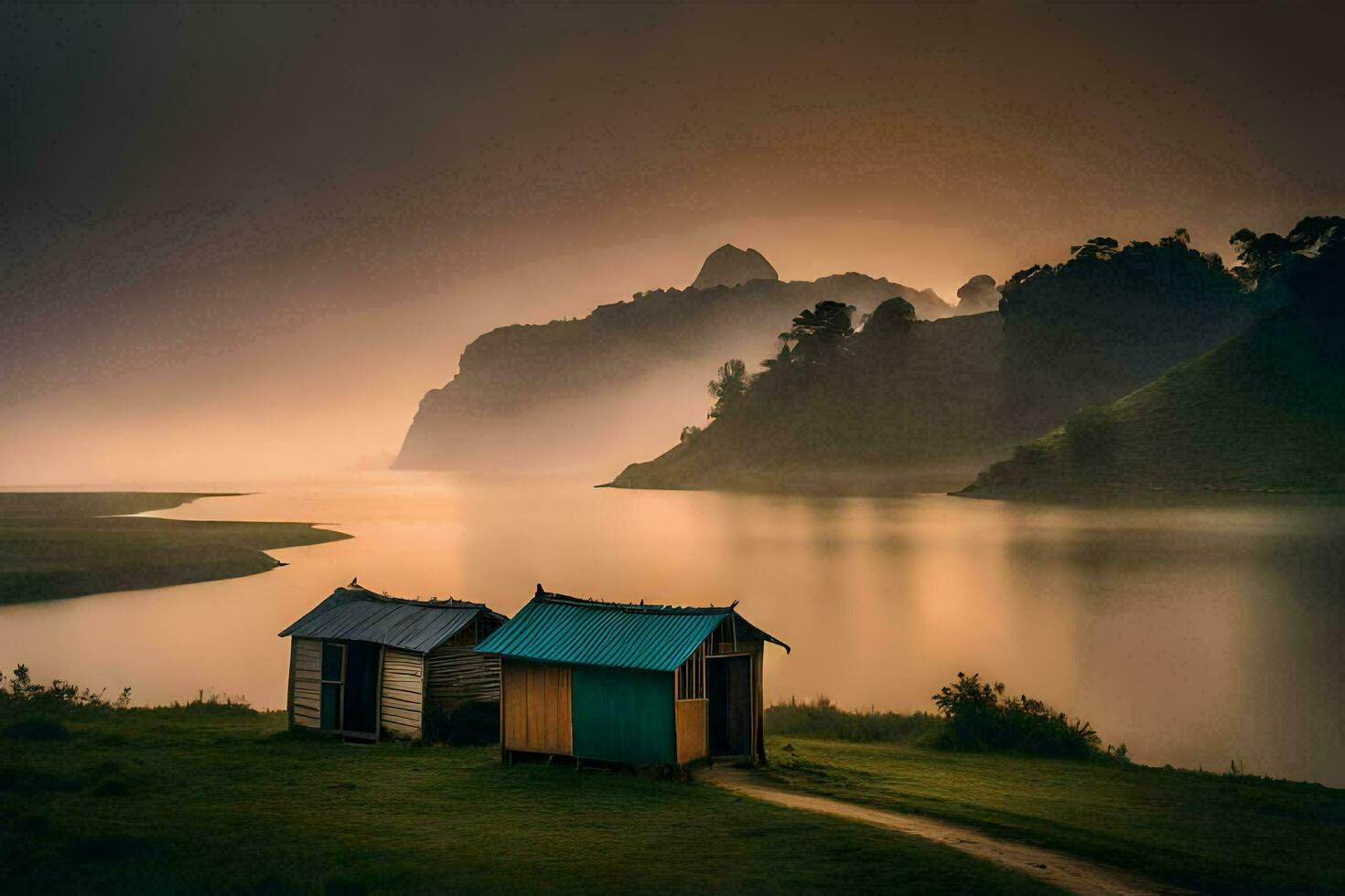 un' piccolo capanna si siede su il bordo di un' lago. ai-generato foto