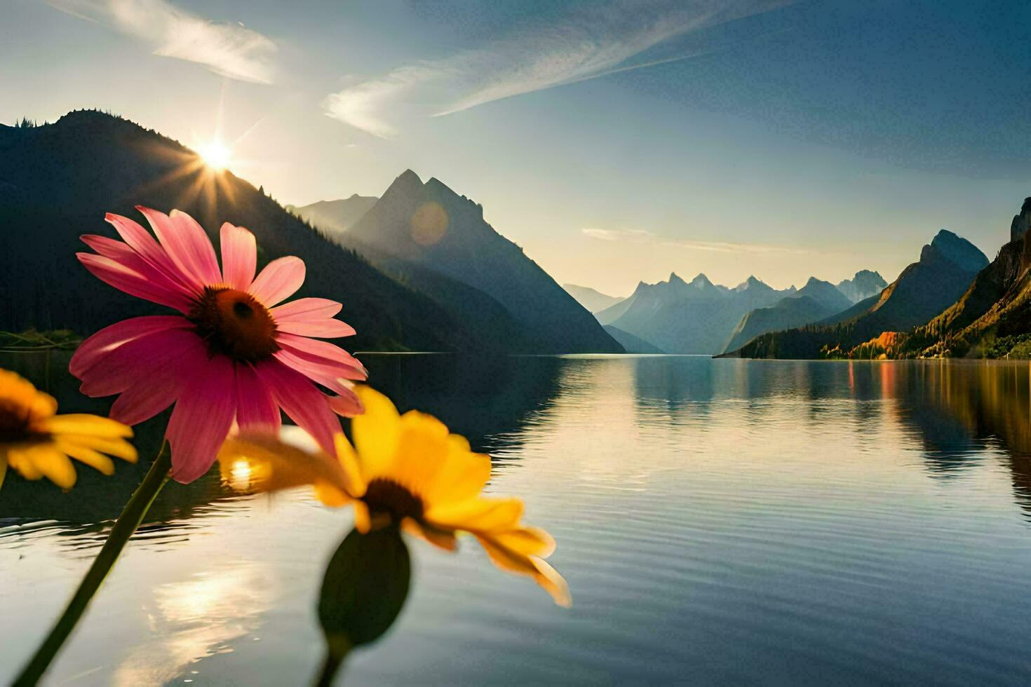 Alba al di sopra di il lago, fiori, montagne, HD sfondo. ai-generato foto