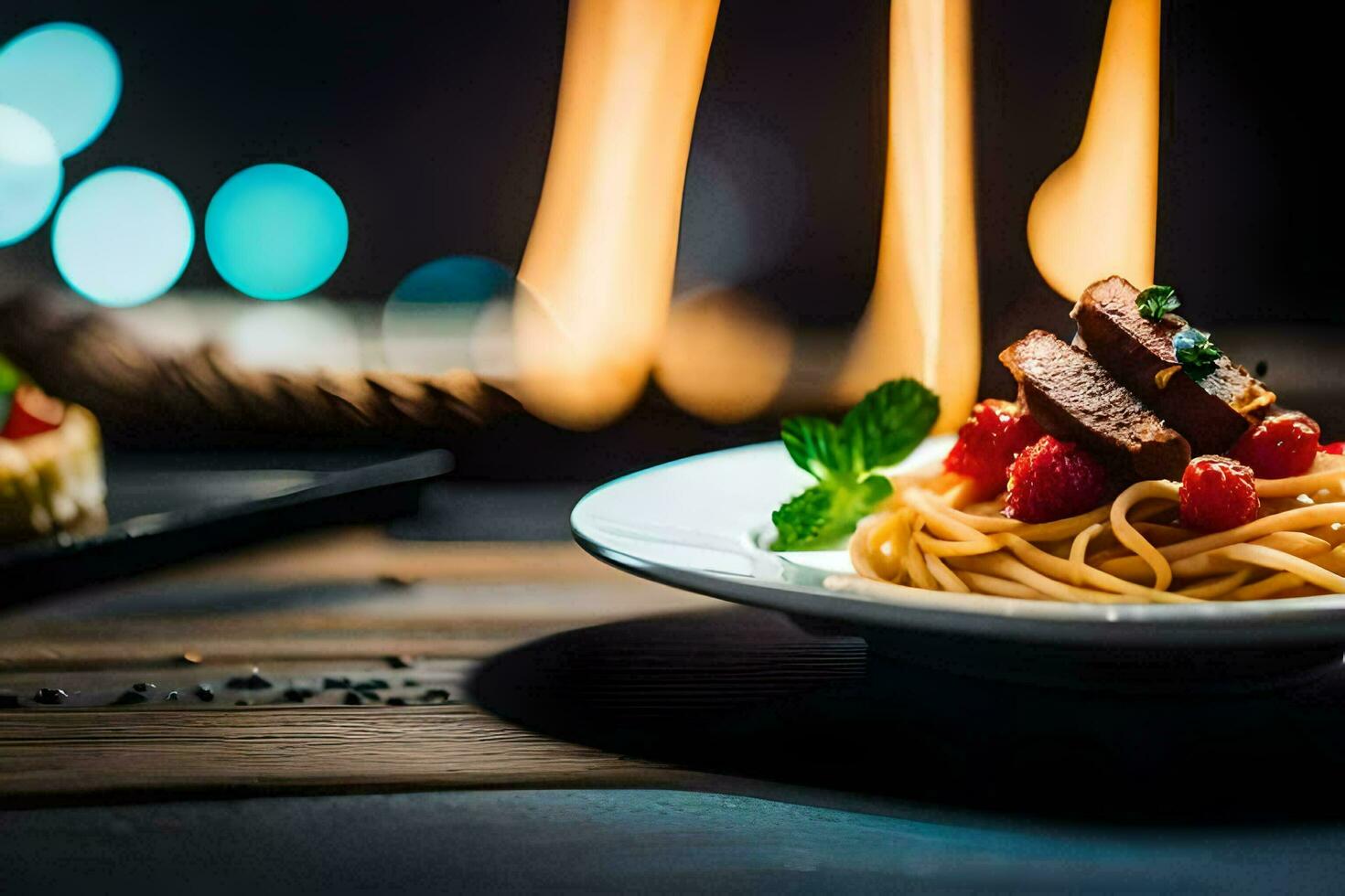 un' piatto di spaghetti con carne e verdure su un' tavolo. ai-generato foto