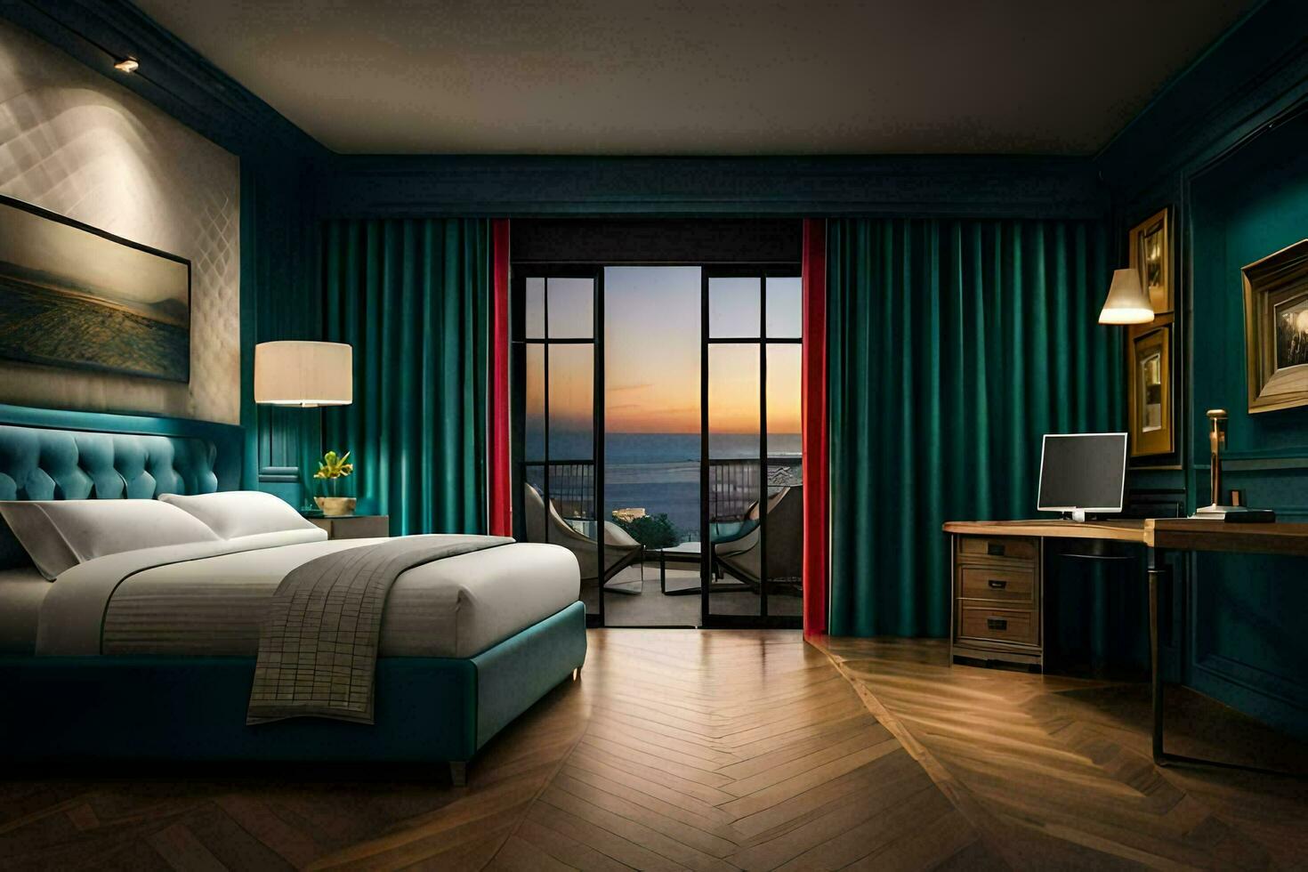 un' Camera da letto con un' blu colore schema e di legno piani. ai-generato foto