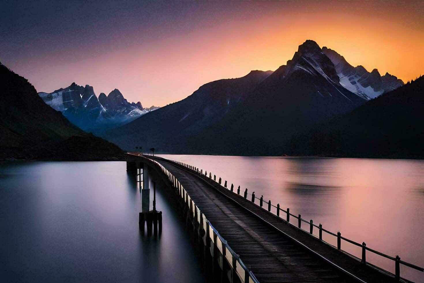 un' lungo esposizione fotografia di un' ponte al di sopra di un' lago. ai-generato foto