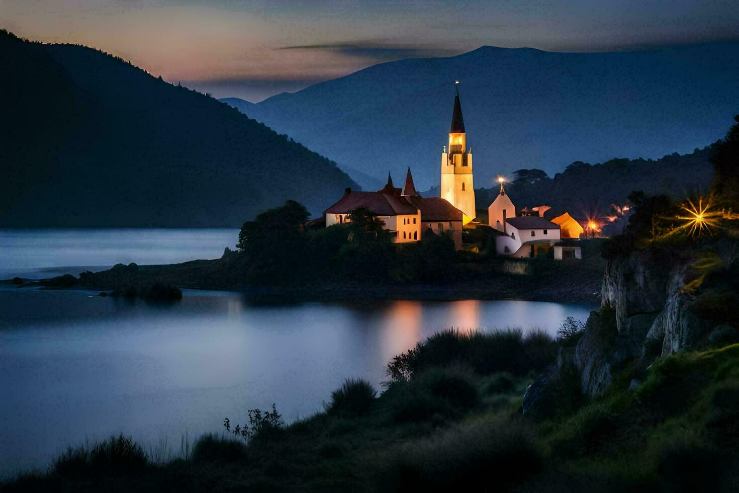 un' Chiesa nel il mezzo di un' lago a notte. ai-generato foto