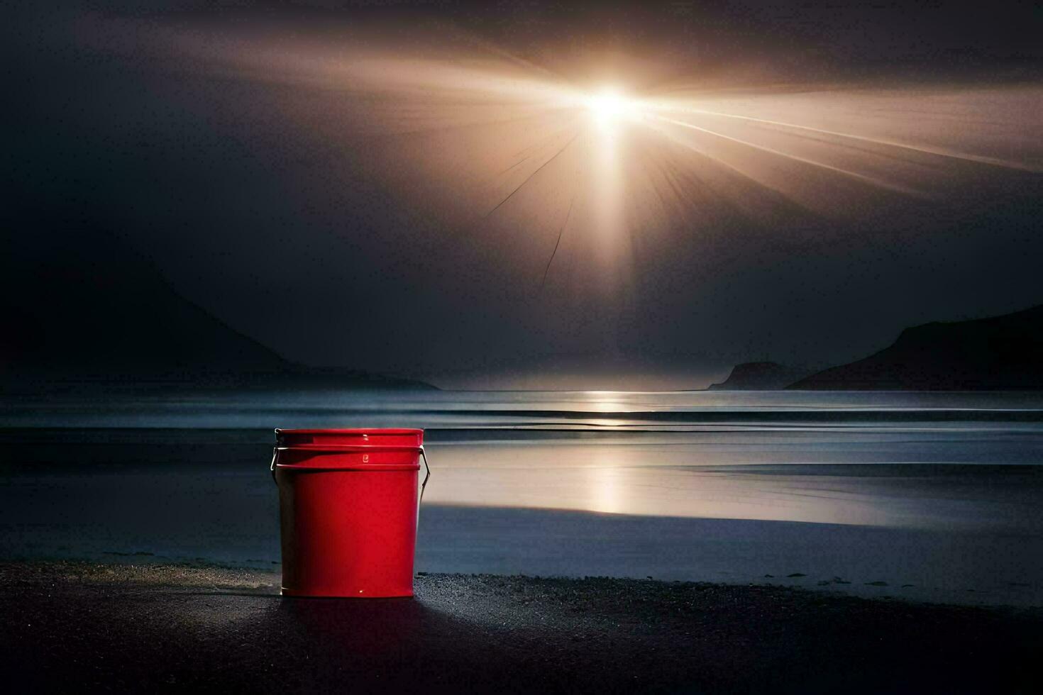 un' rosso secchio si siede su il spiaggia a notte. ai-generato foto