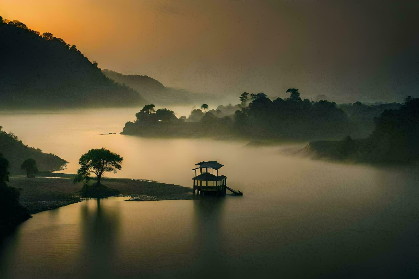 un' piccolo Casa si siede su il bordo di un' lago a Alba. ai-generato foto