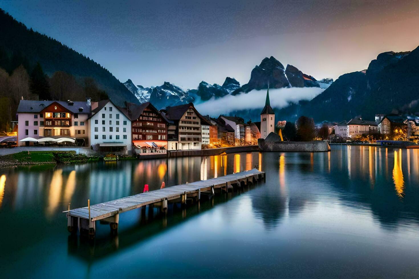 il cittadina di Hallstatt, Austria a crepuscolo. ai-generato foto